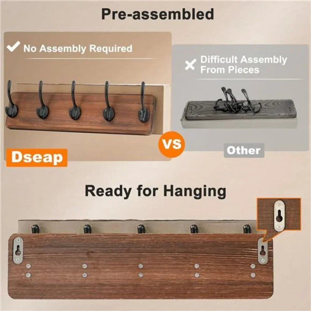 Wall Mounted Coat Rack Wood 5 Hook Heavy Duty Entryway Hat Towel Hanger